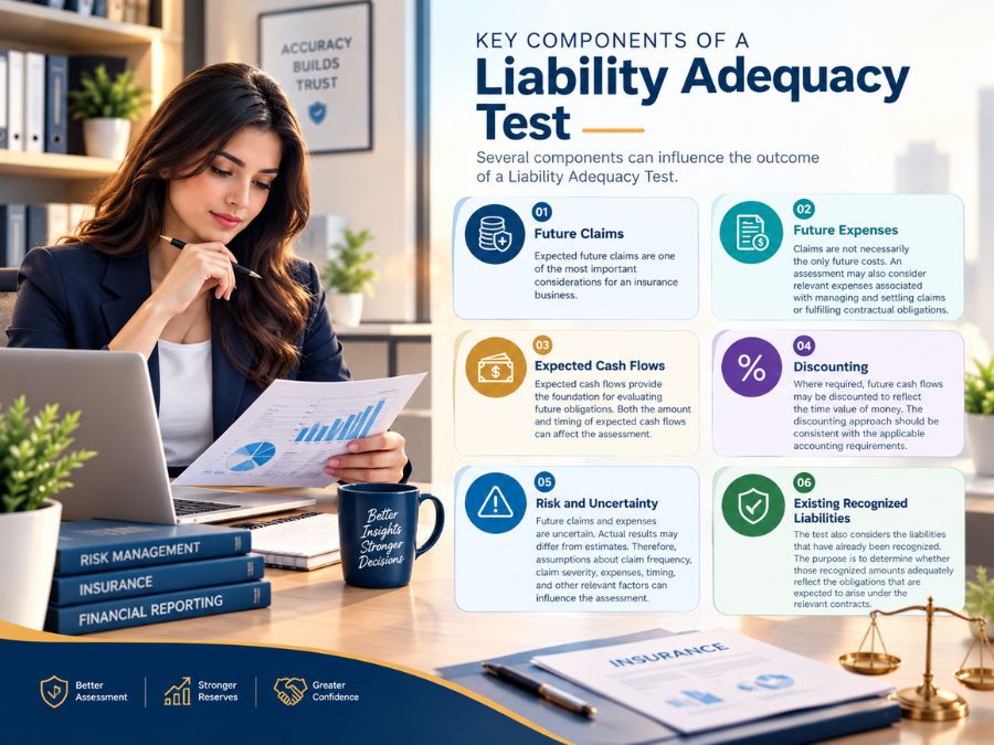 Key components of a Liability Adequacy Test including future claims, expenses, cash flows, discounting, risk, and recognized liabilities